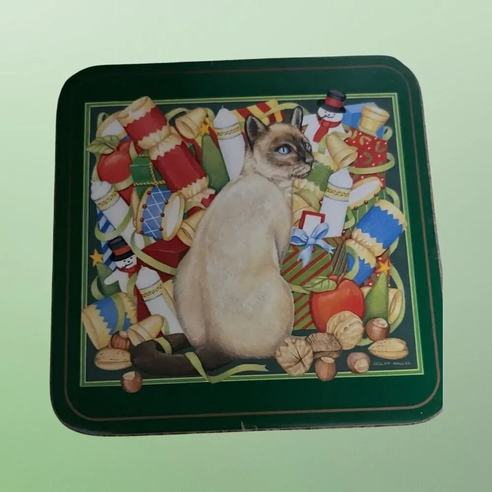 Set of 5 Pimpernel Christmas Cat Coaster Collection Cork Back Siamese Tabby B12